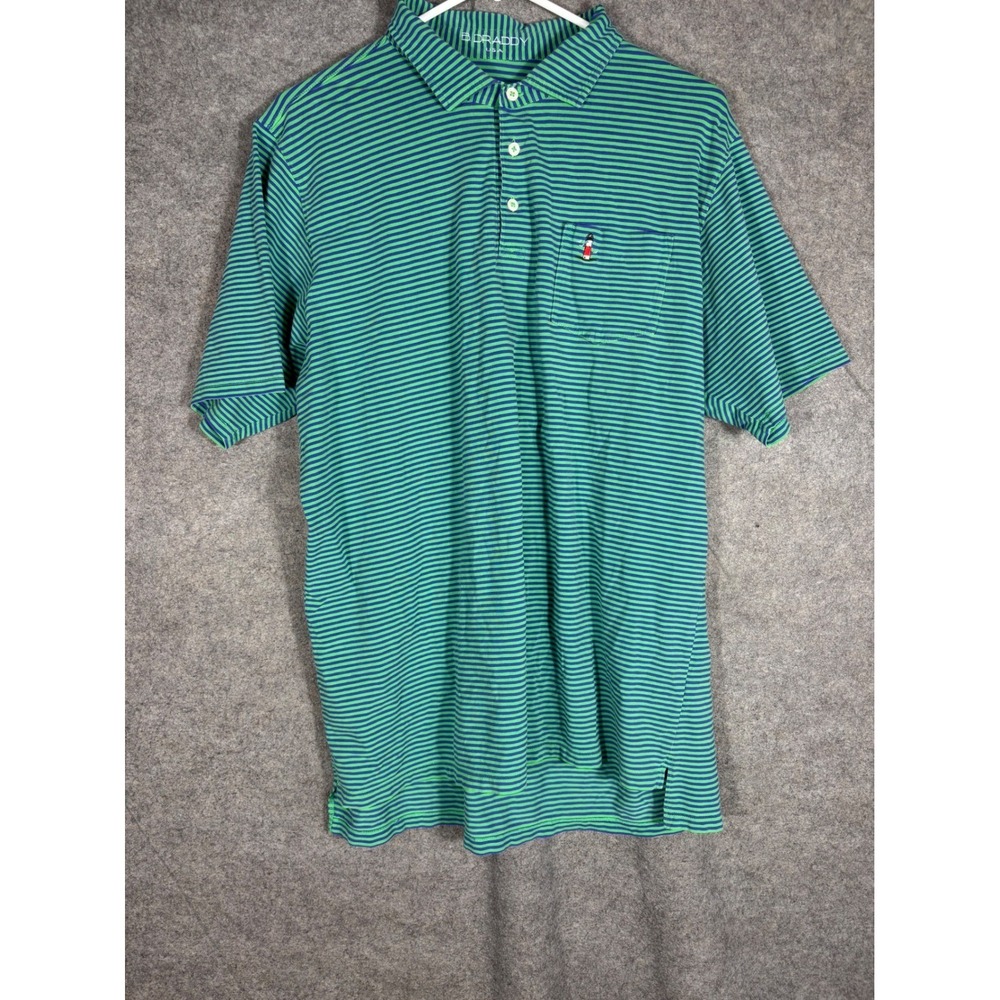 B. Draddy Mens Large Polo Shirt Green Blue Striped Pima Cotton Lighthouse Logo